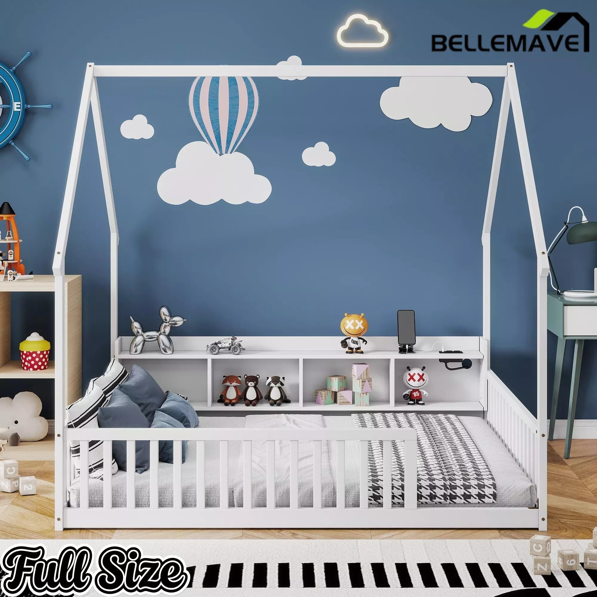 Bellemave® Wood House Floor Bed with Storage Shelves,Built-in LED Lights & Charging Station, Montessori Bed with Rails, No slats - Bellemave