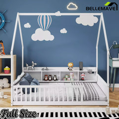 Bellemave® Wood House Floor Bed with Storage Shelves,Built-in LED Lights & Charging Station, Montessori Bed with Rails, No slats - Bellemave