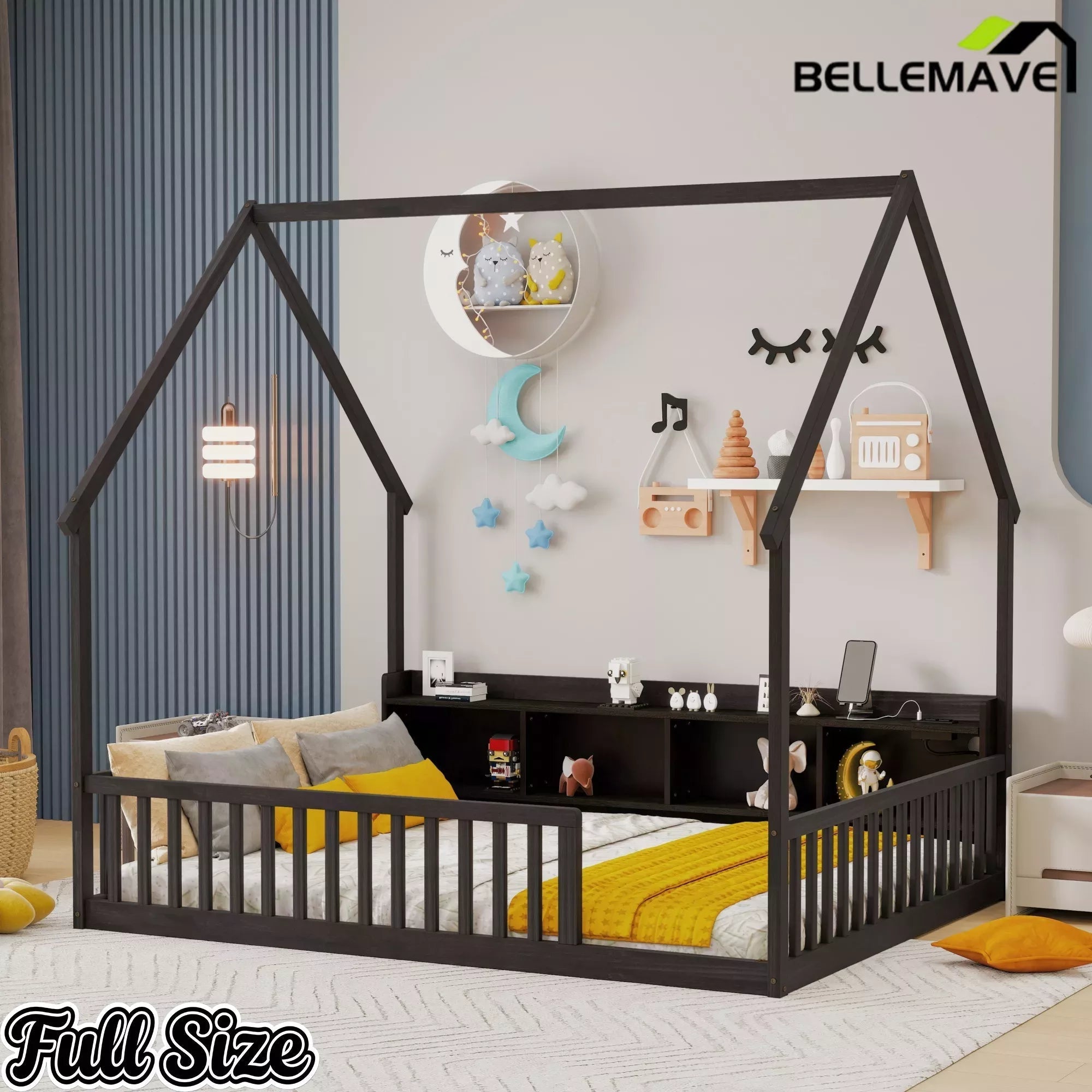 Bellemave® Wood House Floor Bed with Storage Shelves,Built-in LED Lights & Charging Station, Montessori Bed with Rails, No slats - Bellemave