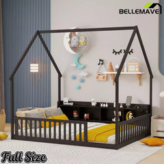 Bellemave® Wood House Floor Bed with Storage Shelves,Built-in LED Lights & Charging Station, Montessori Bed with Rails, No slats - Bellemave