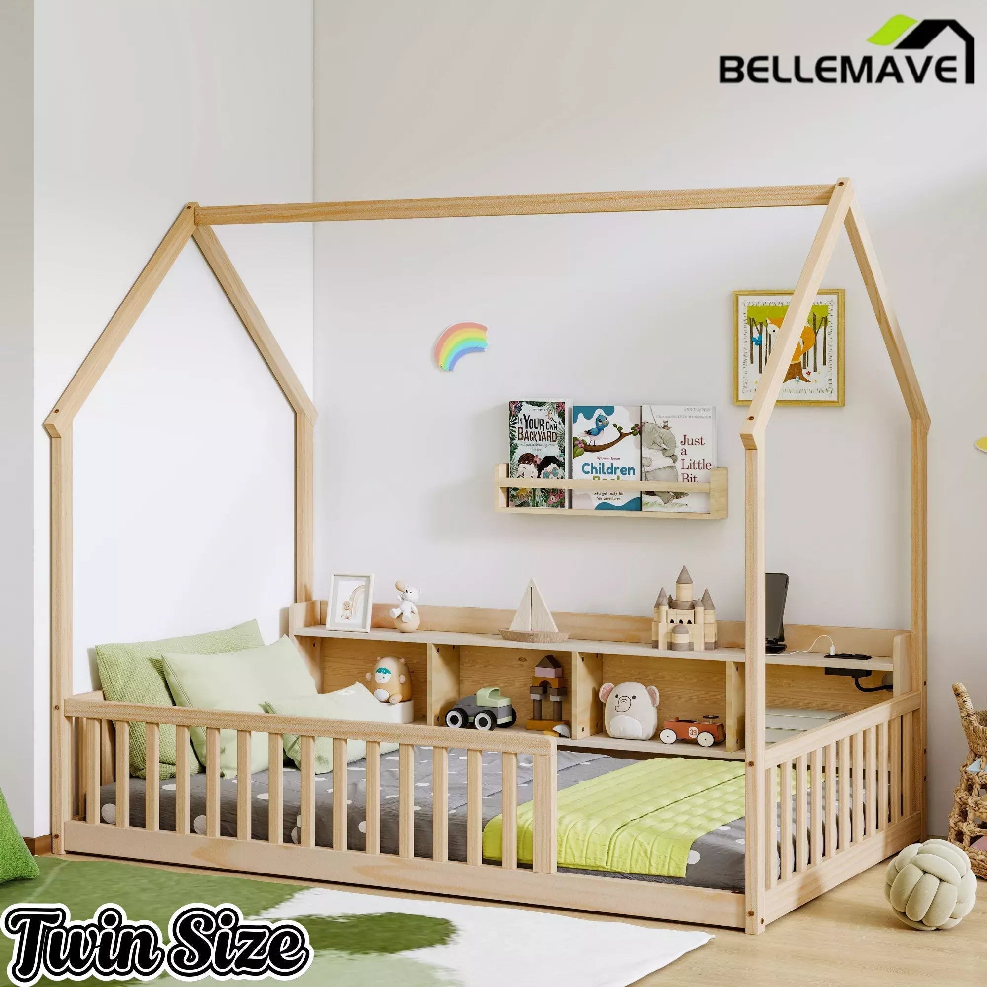Bellemave® Wood House Floor Bed with Storage Shelves,Built-in LED Lights & Charging Station, Montessori Bed with Rails, No slats - Bellemave