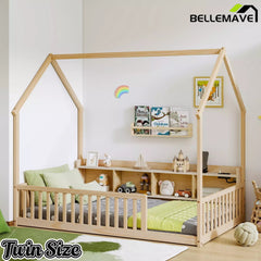 Bellemave® Wood House Floor Bed with Storage Shelves,Built-in LED Lights & Charging Station, Montessori Bed with Rails, No slats - Bellemave