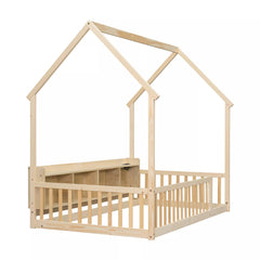 Bellemave® Wood House Floor Bed with Storage Shelves,Built-in LED Lights & Charging Station, Montessori Bed with Rails, No slats - Bellemave