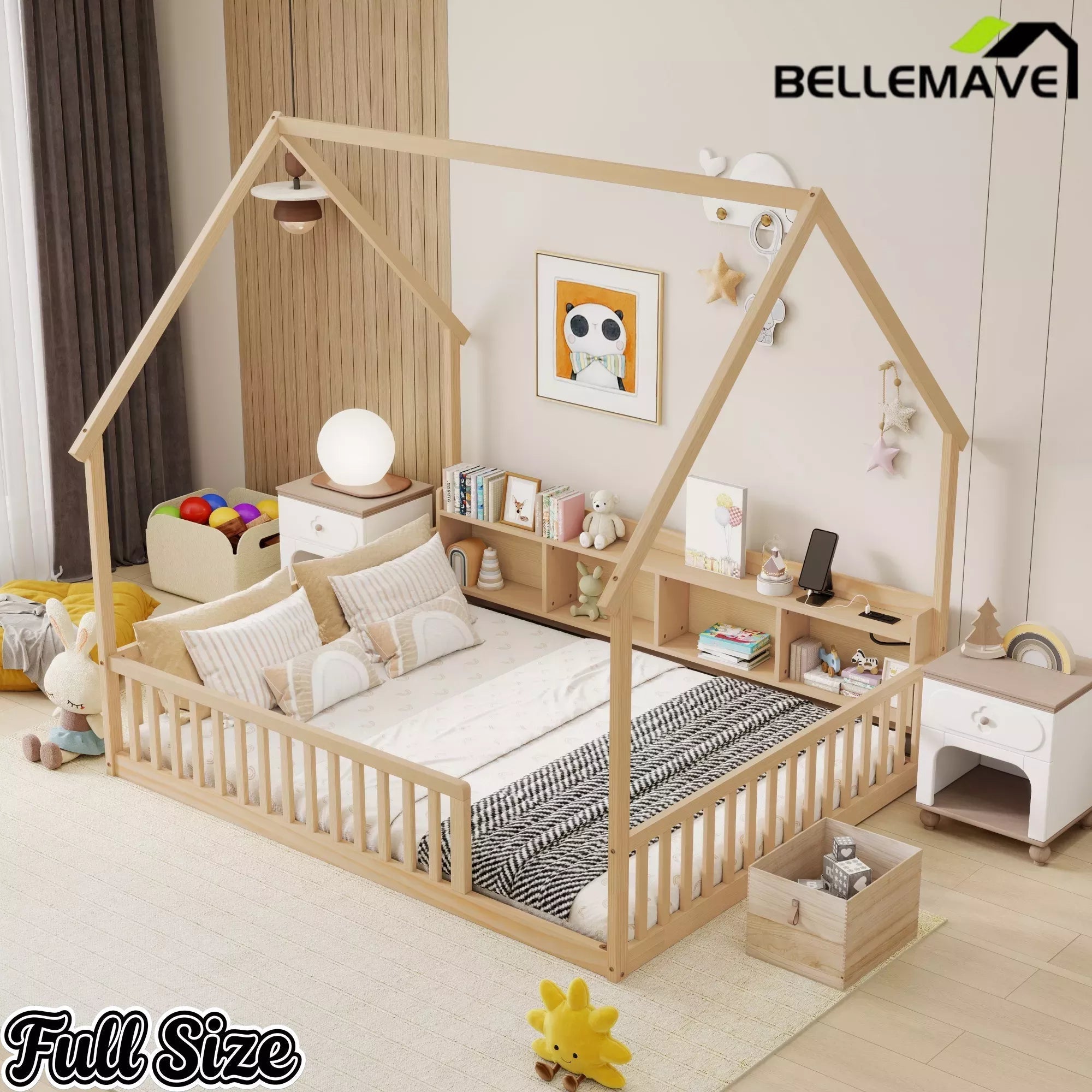 Bellemave® Wood House Floor Bed with Storage Shelves,Built-in LED Lights & Charging Station, Montessori Bed with Rails, No slats - Bellemave