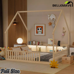 Bellemave® Wood House Floor Bed with Storage Shelves,Built-in LED Lights & Charging Station, Montessori Bed with Rails, No slats - Bellemave