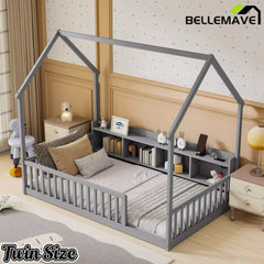 Bellemave® Wood House Floor Bed with Storage Shelves,Built-in LED Lights & Charging Station, Montessori Bed with Rails, No slats - Bellemave