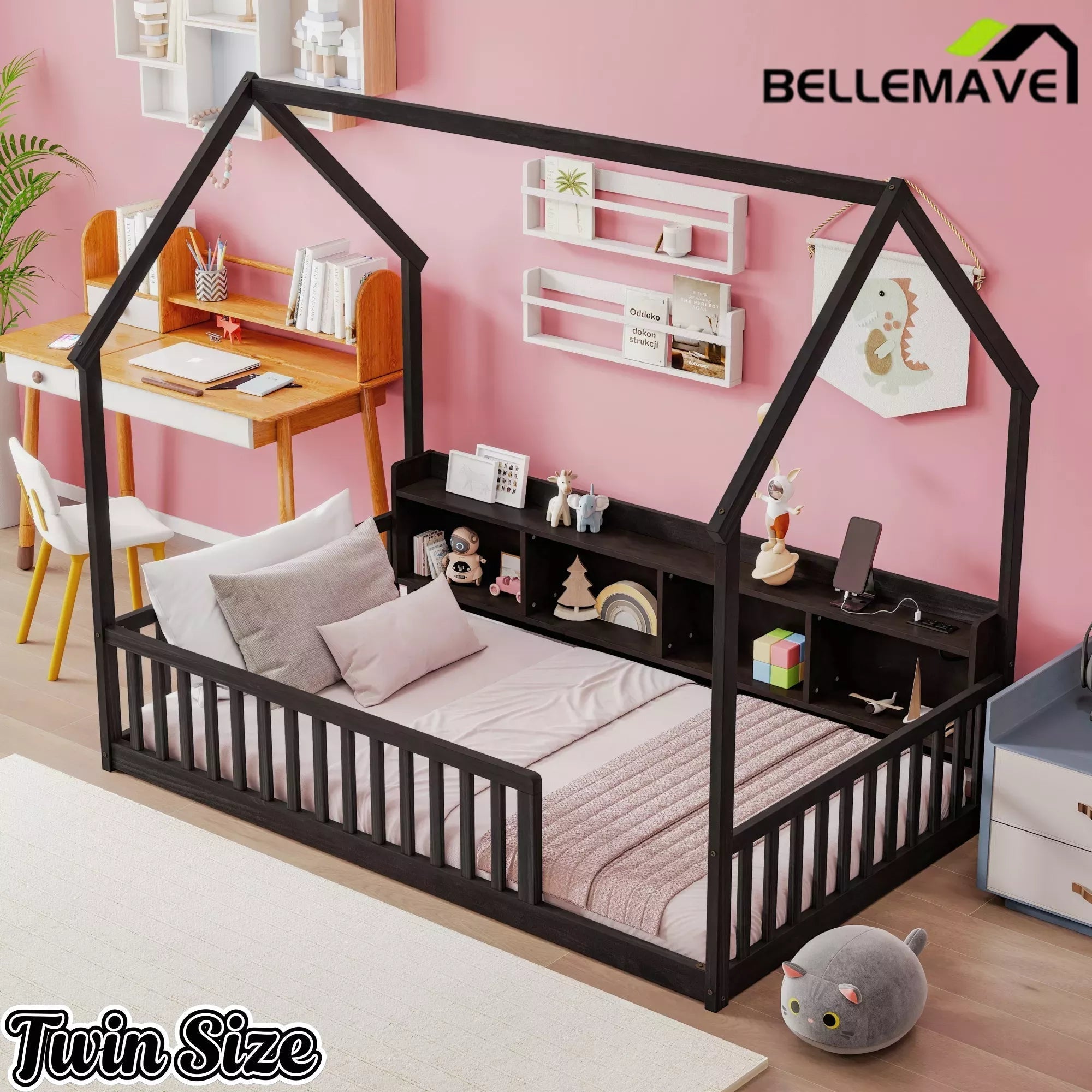 Bellemave® Wood House Floor Bed with Storage Shelves,Built-in LED Lights & Charging Station, Montessori Bed with Rails, No slats - Bellemave