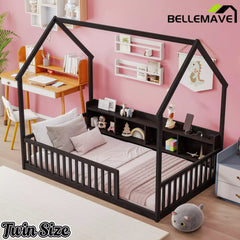 Bellemave® Wood House Floor Bed with Storage Shelves,Built-in LED Lights & Charging Station, Montessori Bed with Rails, No slats - Bellemave