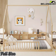 Bellemave® Wood House Floor Bed with Storage Shelves,Built-in LED Lights & Charging Station, Montessori Bed with Rails, No slats - Bellemave