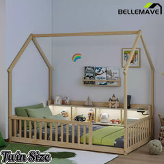 Bellemave® Wood House Floor Bed with Storage Shelves,Built-in LED Lights & Charging Station, Montessori Bed with Rails, No slats - Bellemave