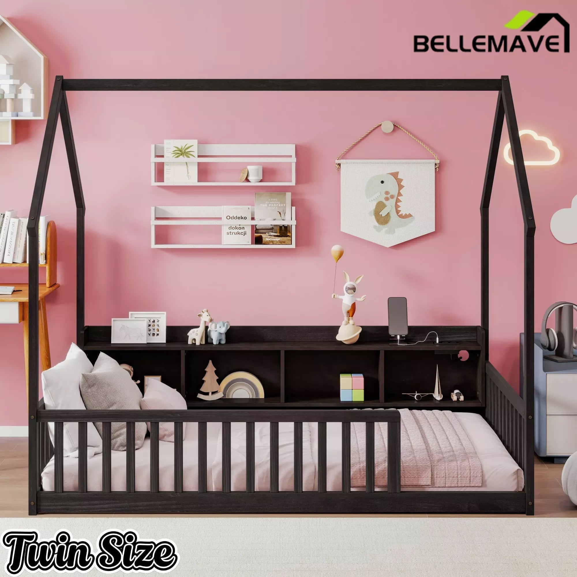 Bellemave® Wood House Floor Bed with Storage Shelves,Built-in LED Lights & Charging Station, Montessori Bed with Rails, No slats - Bellemave