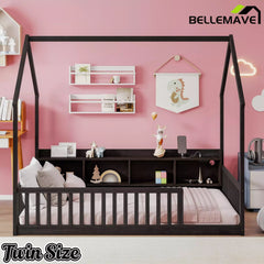 Bellemave® Wood House Floor Bed with Storage Shelves,Built-in LED Lights & Charging Station, Montessori Bed with Rails, No slats - Bellemave