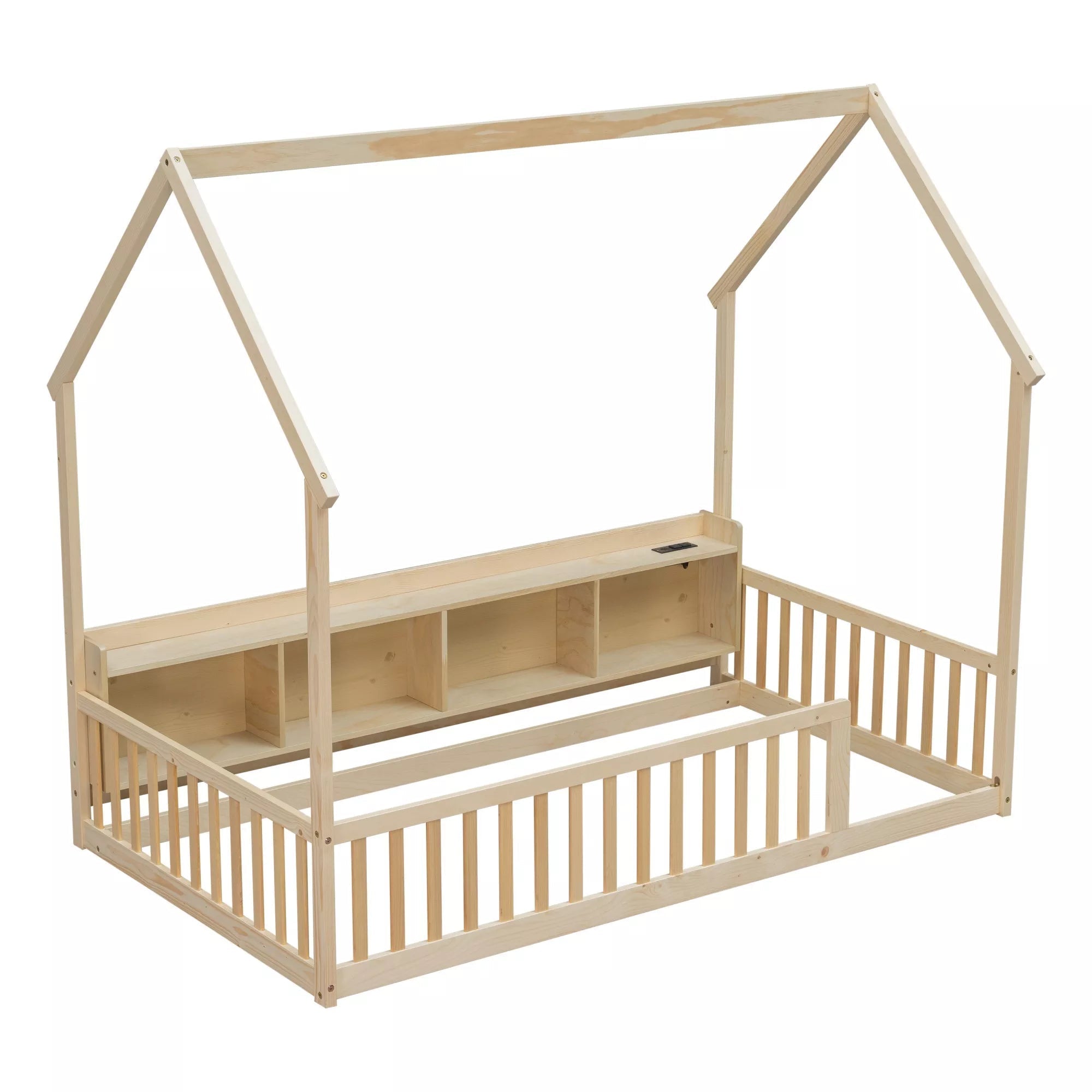 Bellemave® Wood House Floor Bed with Storage Shelves,Built-in LED Lights & Charging Station, Montessori Bed with Rails, No slats - Bellemave
