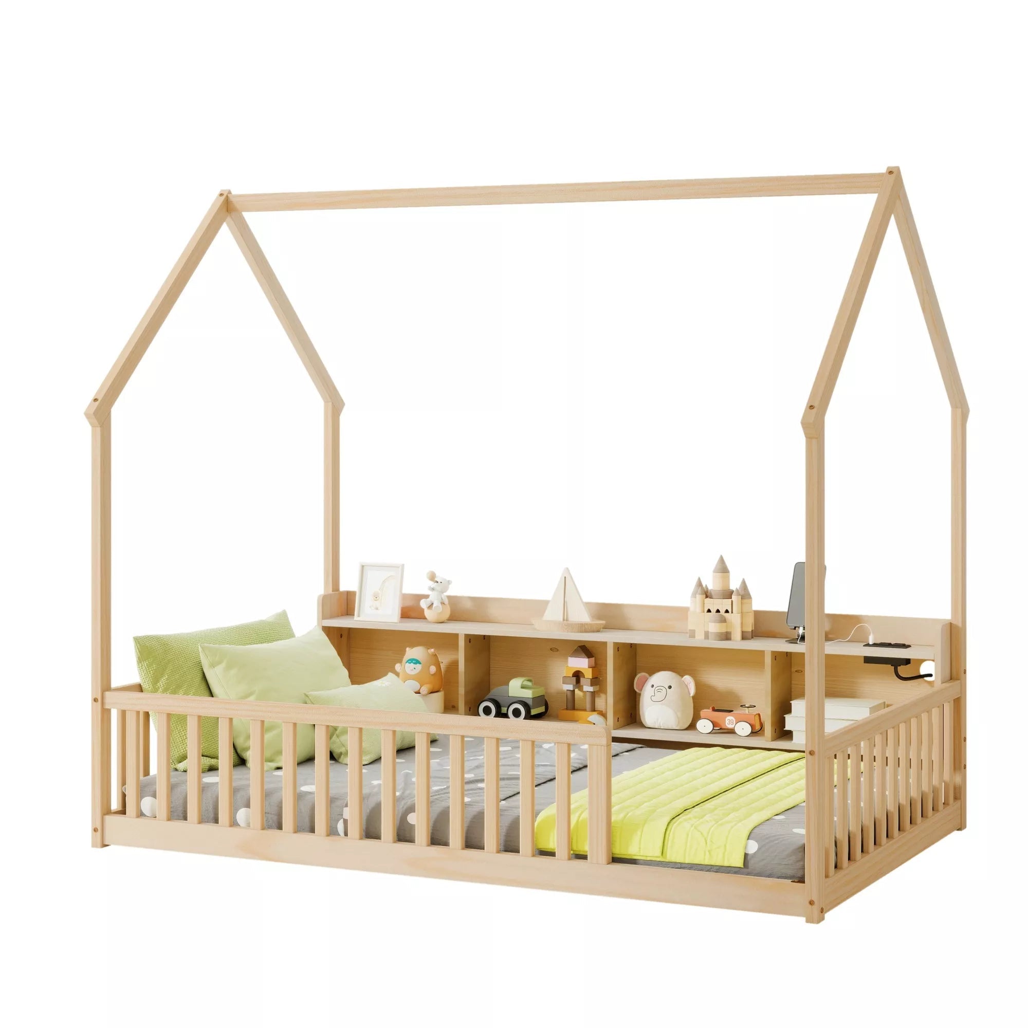 Bellemave® Wood House Floor Bed with Storage Shelves,Built-in LED Lights & Charging Station, Montessori Bed with Rails, No slats - Bellemave