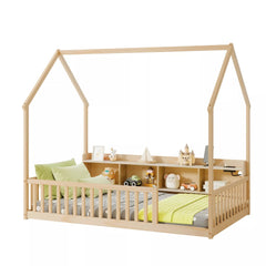 Bellemave® Wood House Floor Bed with Storage Shelves,Built-in LED Lights & Charging Station, Montessori Bed with Rails, No slats - Bellemave
