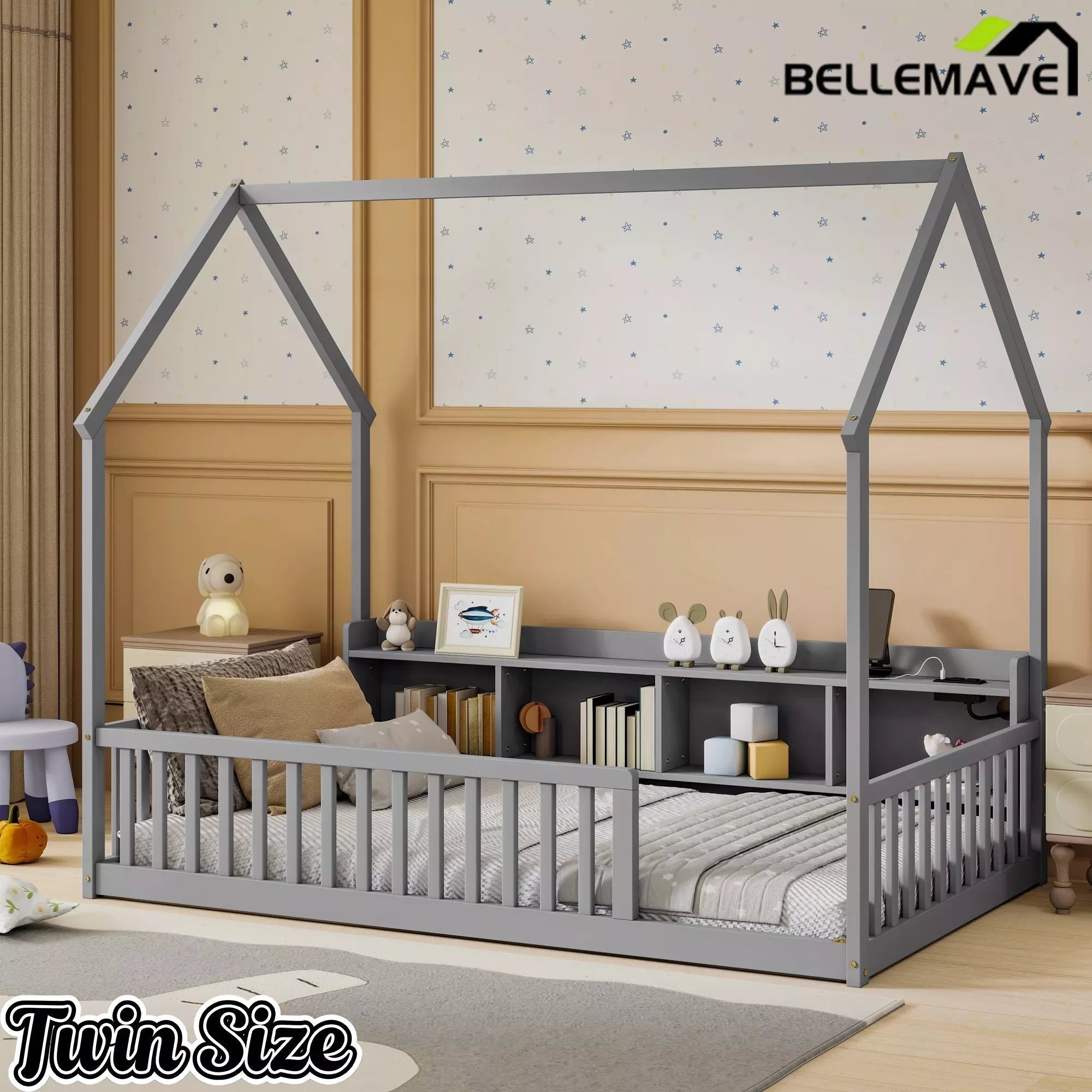 Bellemave® Wood House Floor Bed with Storage Shelves,Built-in LED Lights & Charging Station, Montessori Bed with Rails, No slats - Bellemave