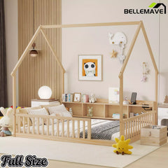 Bellemave® Wood House Floor Bed with Storage Shelves,Built-in LED Lights & Charging Station, Montessori Bed with Rails, No slats - Bellemave