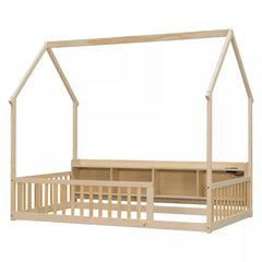 Bellemave® Wood House Floor Bed with Storage Shelves,Built-in LED Lights & Charging Station, Montessori Bed with Rails, No slats - Bellemave
