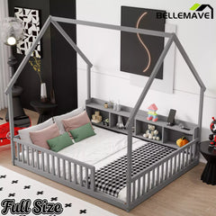 Bellemave® Wood House Floor Bed with Storage Shelves,Built-in LED Lights & Charging Station, Montessori Bed with Rails, No slats - Bellemave