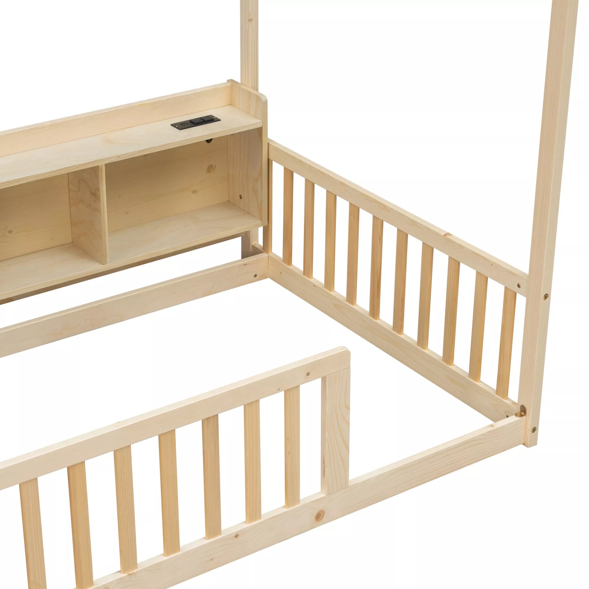 Bellemave® Wood House Floor Bed with Storage Shelves,Built-in LED Lights & Charging Station, Montessori Bed with Rails, No slats - Bellemave