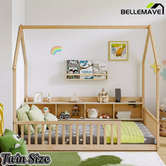 Bellemave® Wood House Floor Bed with Storage Shelves,Built-in LED Lights & Charging Station, Montessori Bed with Rails, No slats - Bellemave