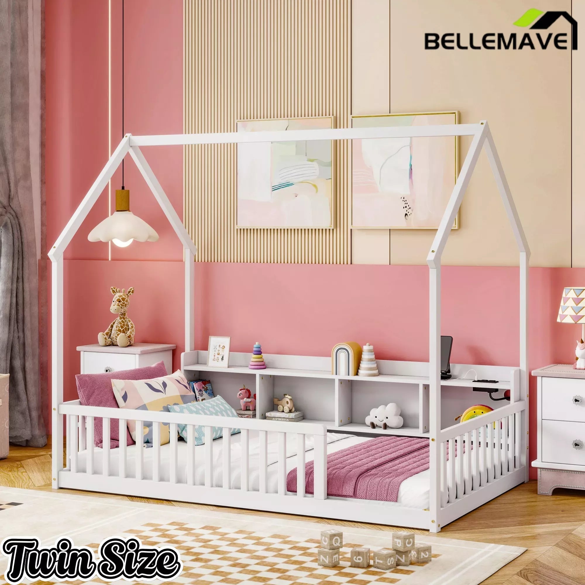 Bellemave® Wood House Floor Bed with Storage Shelves,Built-in LED Lights & Charging Station, Montessori Bed with Rails, No slats - Bellemave