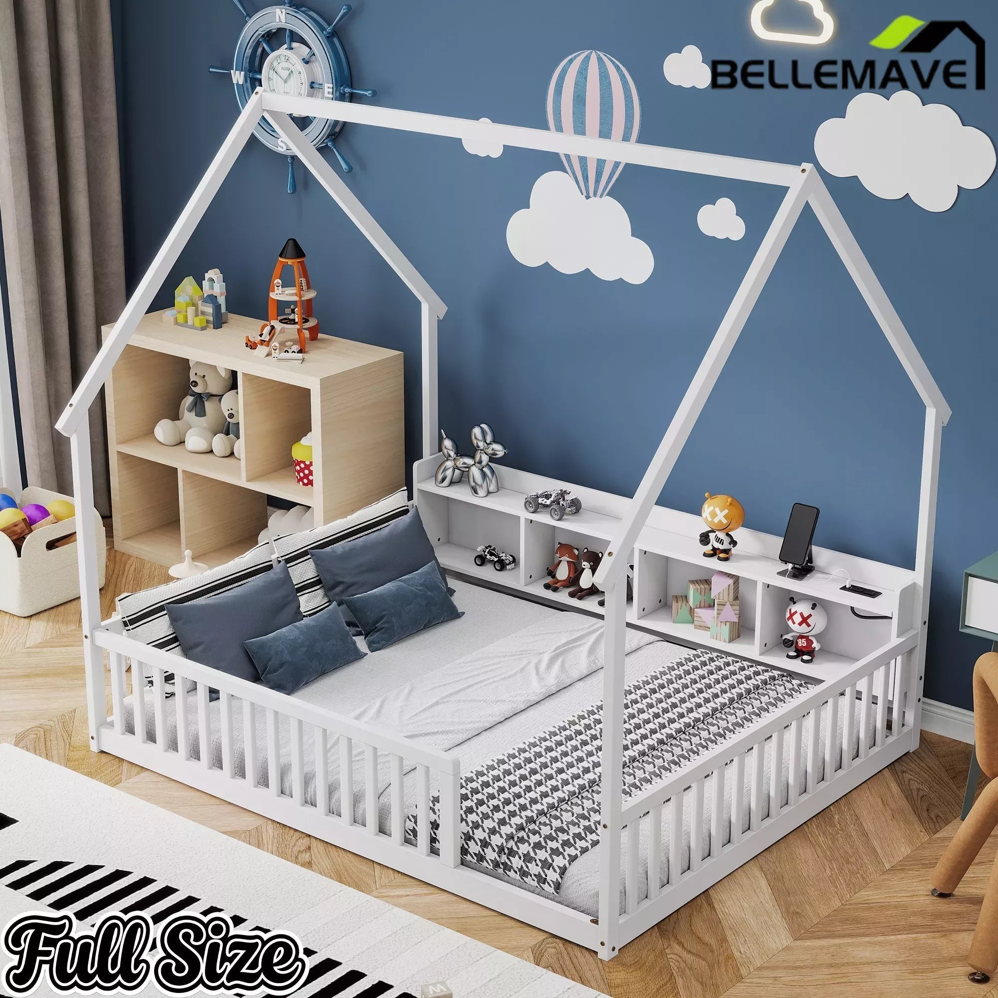 Bellemave® Wood House Floor Bed with Storage Shelves,Built-in LED Lights & Charging Station, Montessori Bed with Rails, No slats - Bellemave