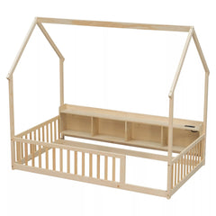 Bellemave® Wood House Floor Bed with Storage Shelves,Built-in LED Lights & Charging Station, Montessori Bed with Rails, No slats - Bellemave