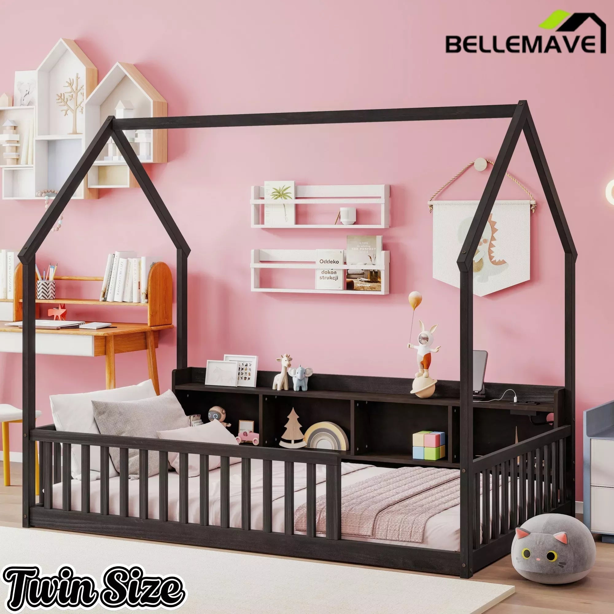 Bellemave® Wood House Floor Bed with Storage Shelves,Built-in LED Lights & Charging Station, Montessori Bed with Rails, No slats - Bellemave