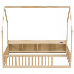Bellemave® Wood House Floor Bed with Storage Shelves,Built-in LED Lights & Charging Station, Montessori Bed with Rails, No slats - Bellemave
