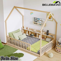 Bellemave® Wood House Floor Bed with Storage Shelves,Built-in LED Lights & Charging Station, Montessori Bed with Rails, No slats - Bellemave