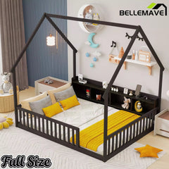 Bellemave® Wood House Floor Bed with Storage Shelves,Built-in LED Lights & Charging Station, Montessori Bed with Rails, No slats - Bellemave