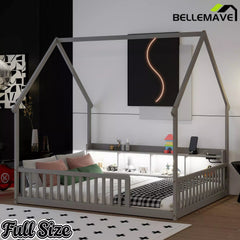 Bellemave® Wood House Floor Bed with Storage Shelves,Built-in LED Lights & Charging Station, Montessori Bed with Rails, No slats - Bellemave