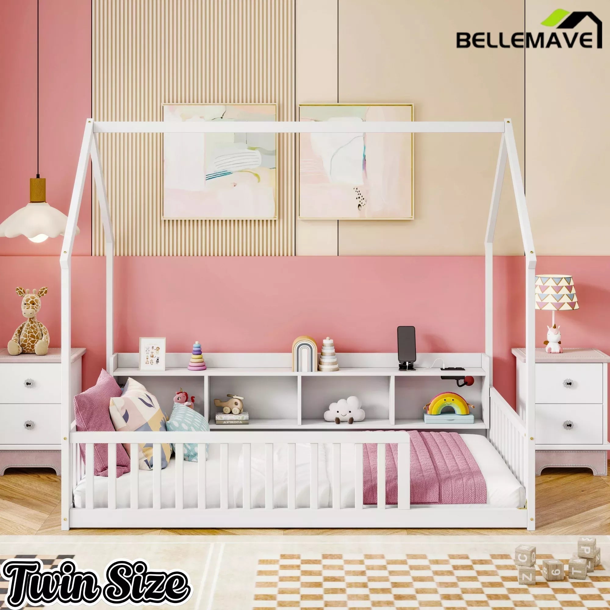 Bellemave® Wood House Floor Bed with Storage Shelves,Built-in LED Lights & Charging Station, Montessori Bed with Rails, No slats - Bellemave