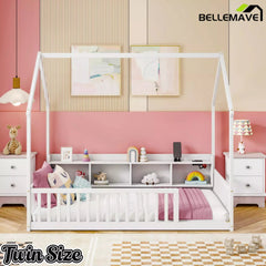Bellemave® Wood House Floor Bed with Storage Shelves,Built-in LED Lights & Charging Station, Montessori Bed with Rails, No slats - Bellemave