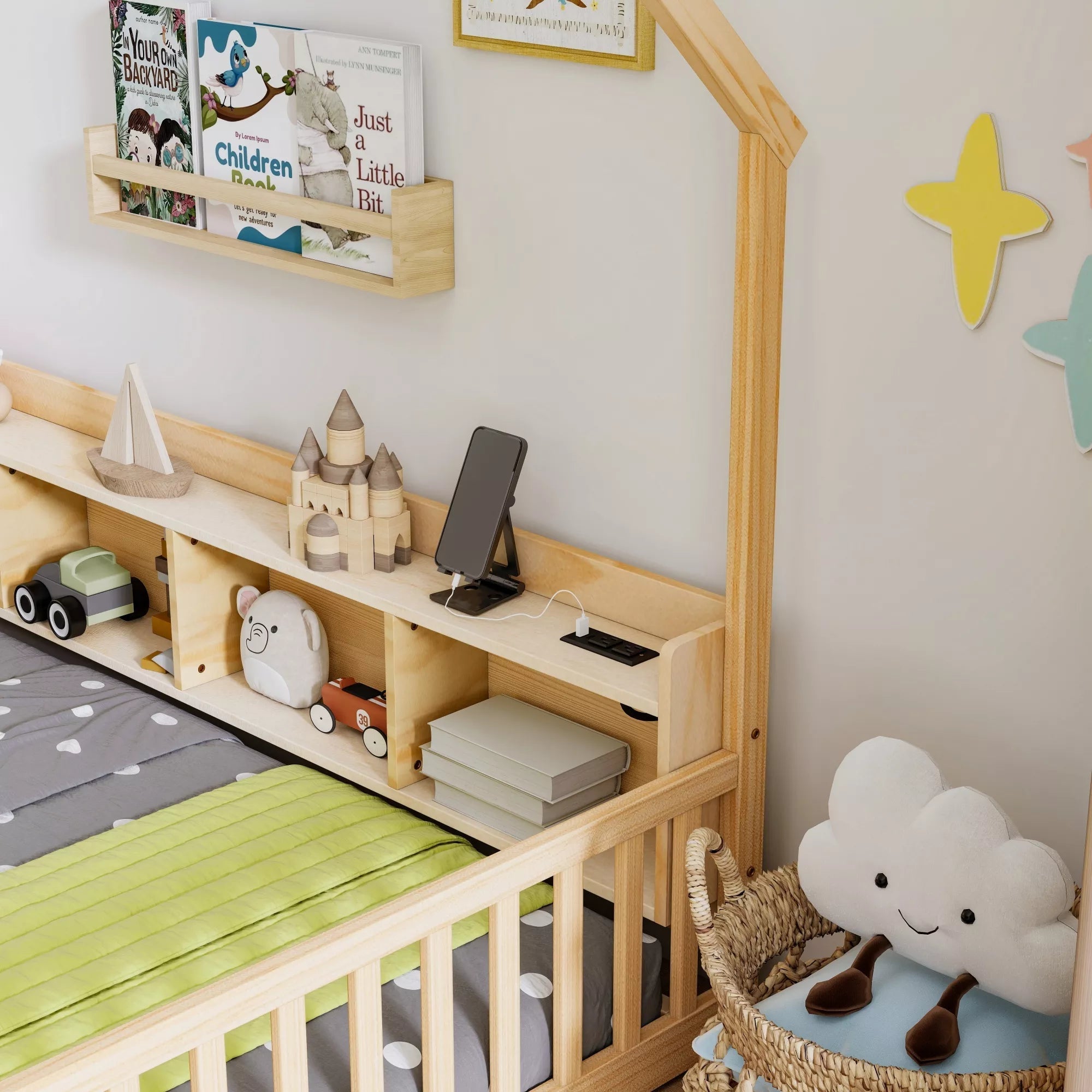 Bellemave® Wood House Floor Bed with Storage Shelves,Built-in LED Lights & Charging Station, Montessori Bed with Rails, No slats - Bellemave