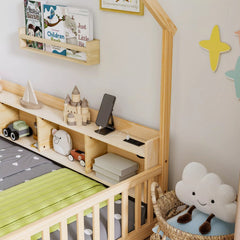 Bellemave® Wood House Floor Bed with Storage Shelves,Built-in LED Lights & Charging Station, Montessori Bed with Rails, No slats - Bellemave