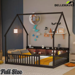 Bellemave® Wood House Floor Bed with Storage Shelves,Built-in LED Lights & Charging Station, Montessori Bed with Rails, No slats - Bellemave