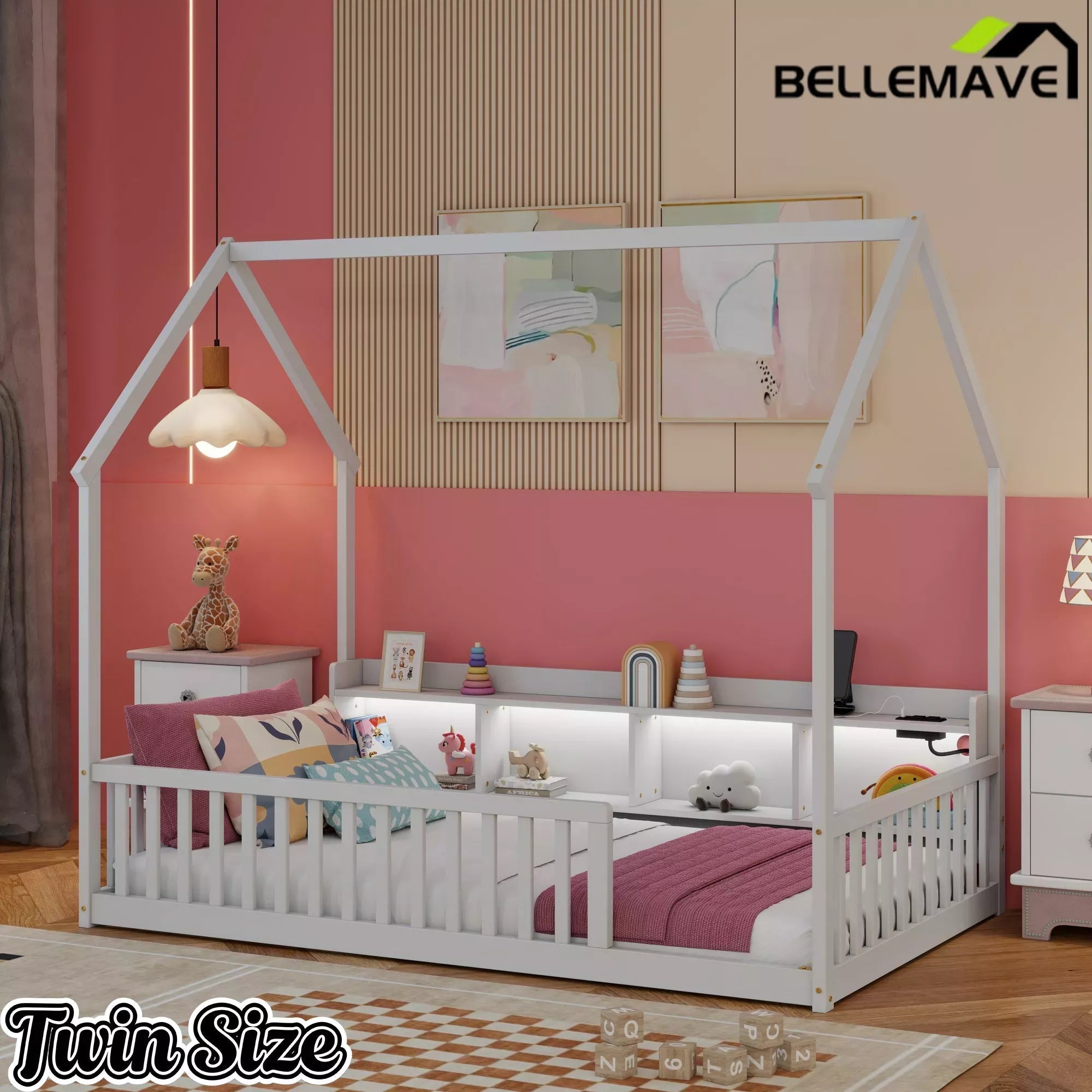 Bellemave® Wood House Floor Bed with Storage Shelves,Built-in LED Lights & Charging Station, Montessori Bed with Rails, No slats - Bellemave