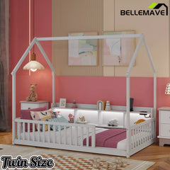 Bellemave® Wood House Floor Bed with Storage Shelves,Built-in LED Lights & Charging Station, Montessori Bed with Rails, No slats - Bellemave