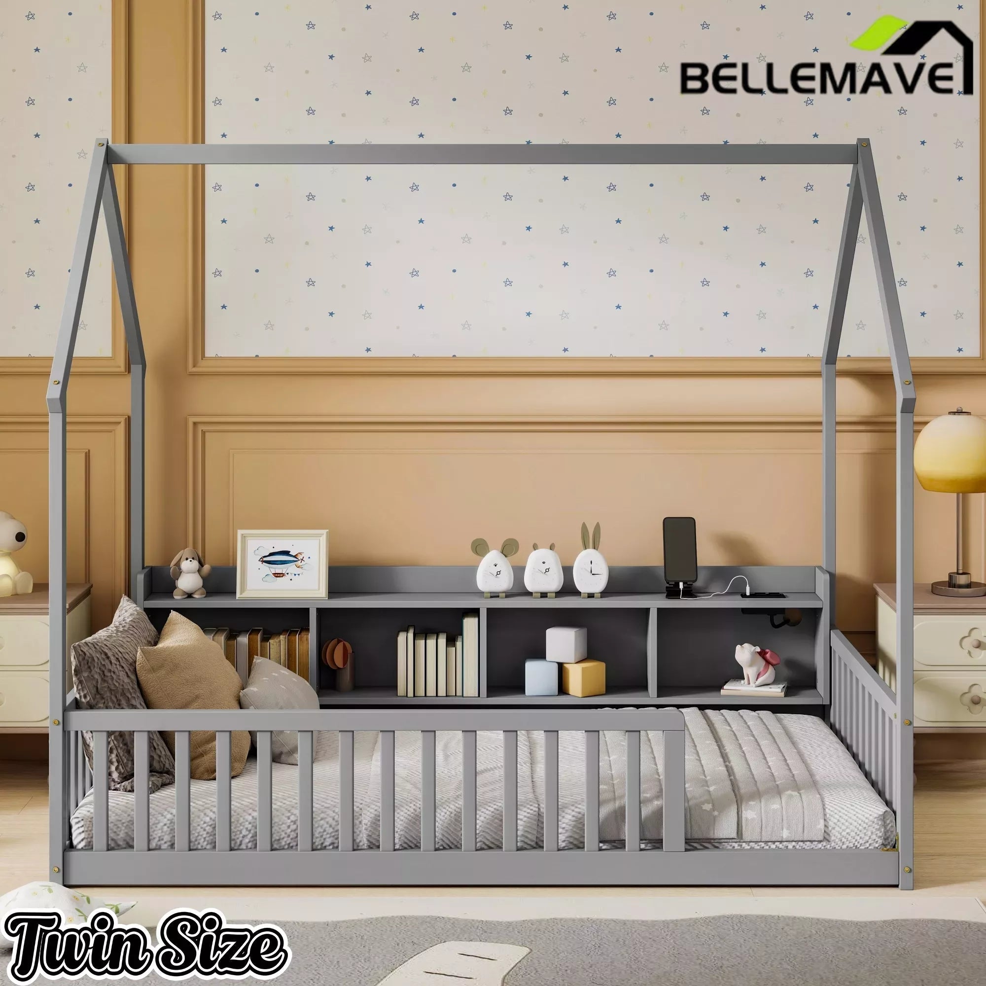 Bellemave® Wood House Floor Bed with Storage Shelves,Built-in LED Lights & Charging Station, Montessori Bed with Rails, No slats - Bellemave