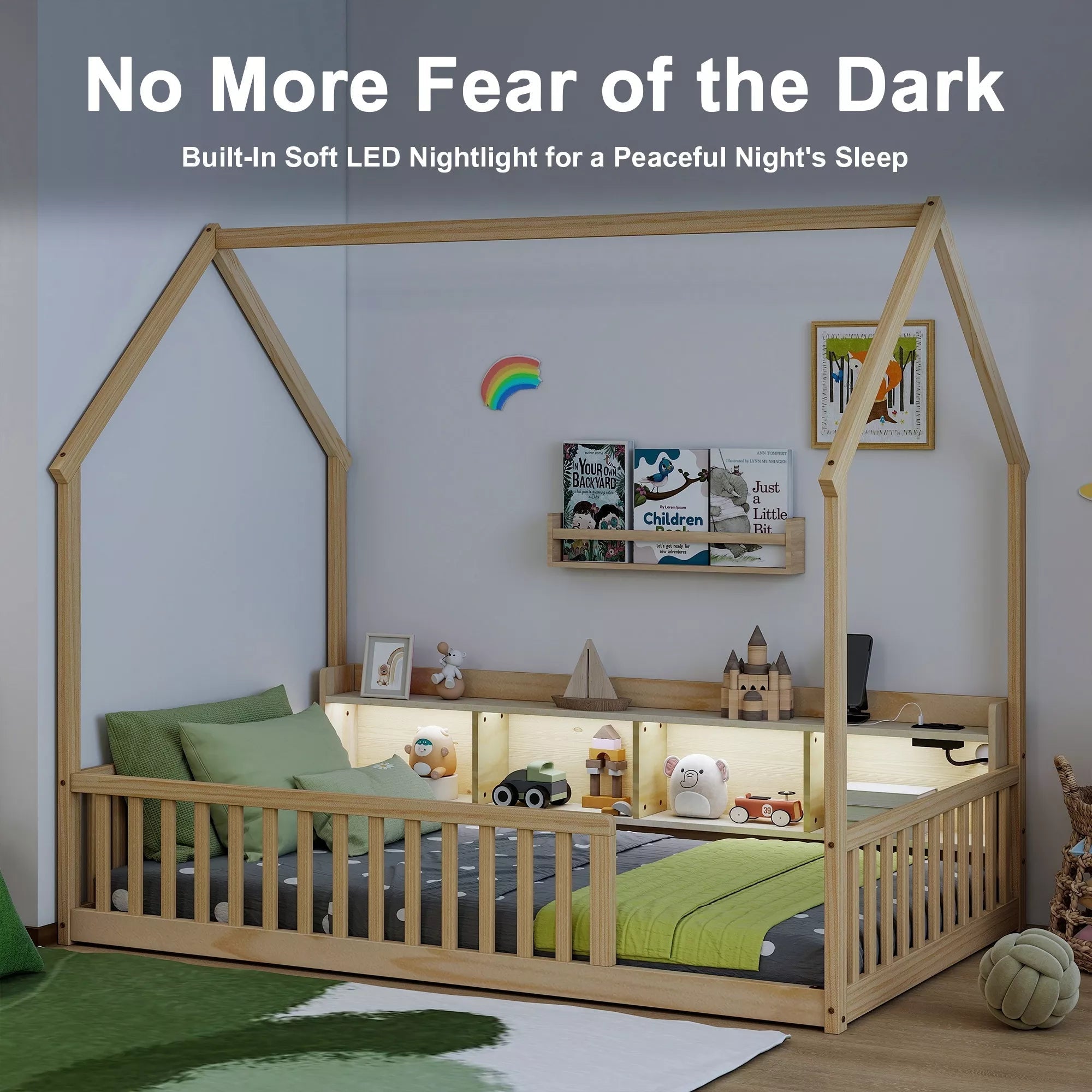 Bellemave® Wood House Floor Bed with Storage Shelves,Built-in LED Lights & Charging Station, Montessori Bed with Rails, No slats - Bellemave