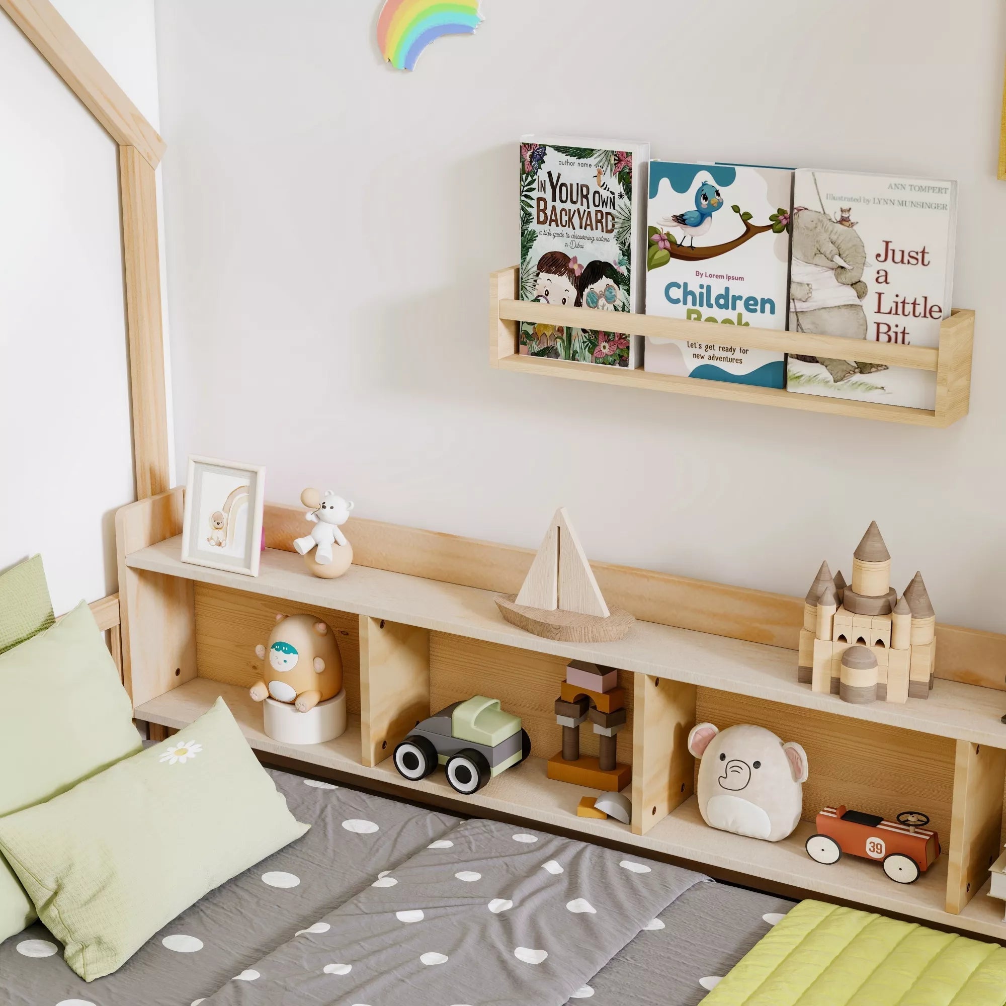 Bellemave® Wood House Floor Bed with Storage Shelves,Built-in LED Lights & Charging Station, Montessori Bed with Rails, No slats - Bellemave