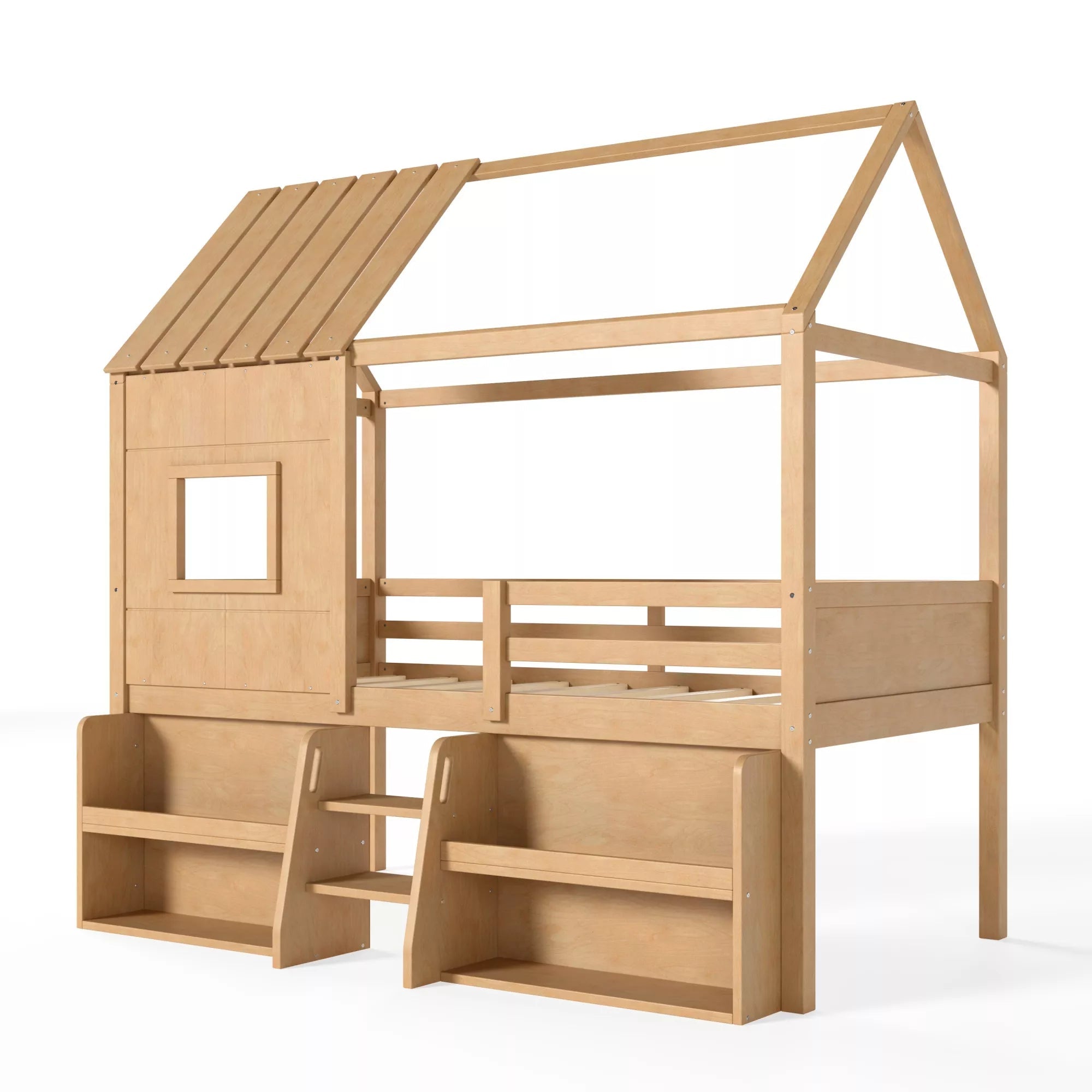 Bellemave® Wood House Loft Bed Frame with Stairs and Storage Shelves - Bellemave