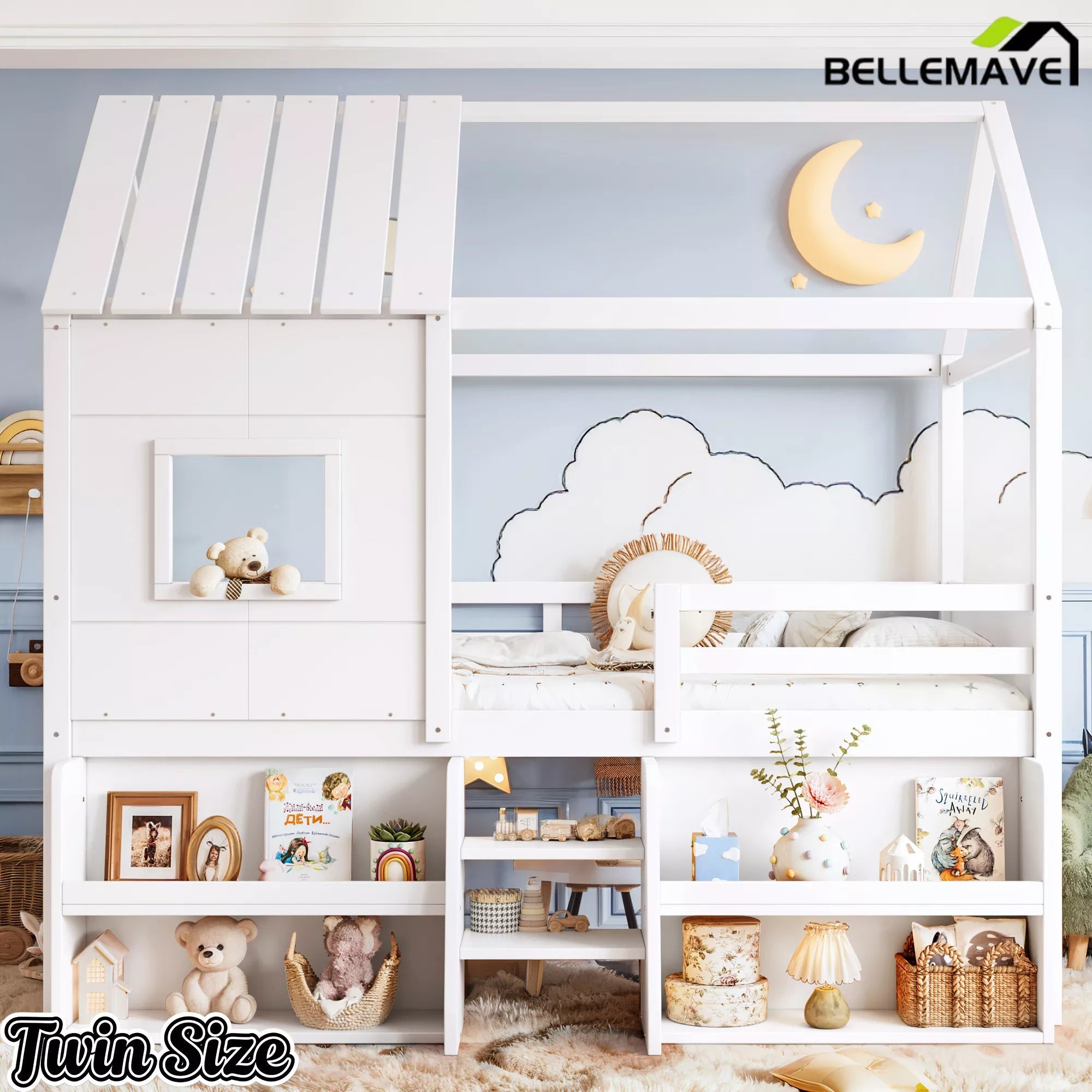Bellemave® Wood House Loft Bed Frame with Stairs and Storage Shelves - Bellemave