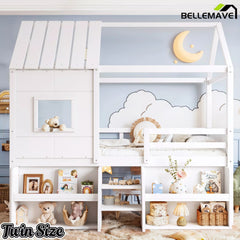 Bellemave® Wood House Loft Bed Frame with Stairs and Storage Shelves - Bellemave
