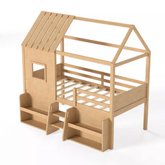 Bellemave® Wood House Loft Bed Frame with Stairs and Storage Shelves - Bellemave