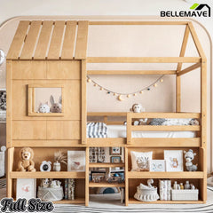 Bellemave® Wood House Loft Bed Frame with Stairs and Storage Shelves - Bellemave