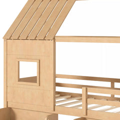 Bellemave® Wood House Loft Bed Frame with Stairs and Storage Shelves - Bellemave