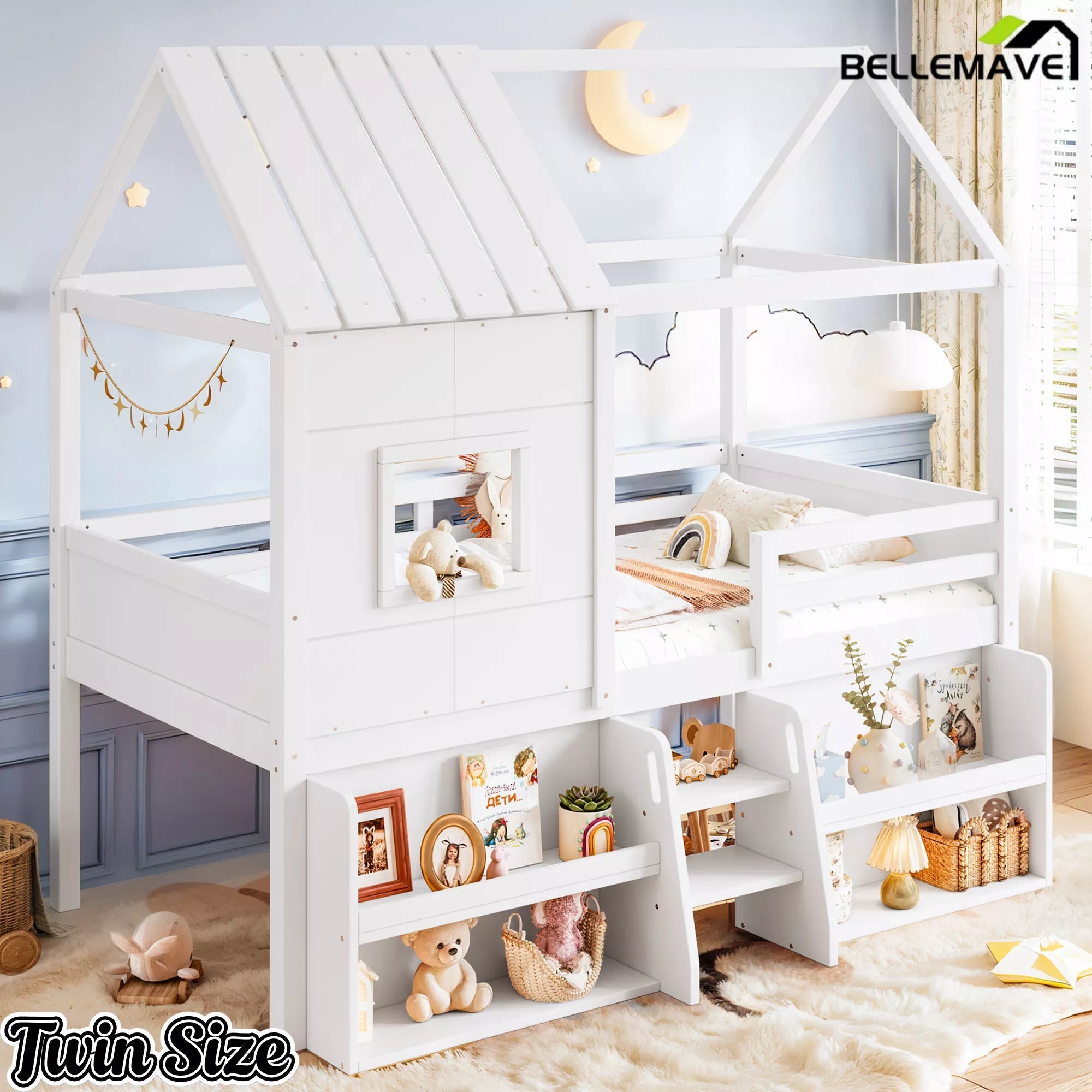 Bellemave® Wood House Loft Bed Frame with Stairs and Storage Shelves - Bellemave